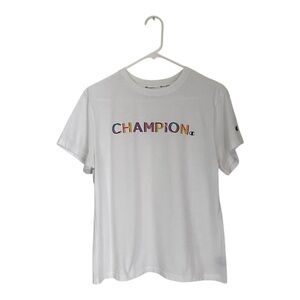 Champion White Tee with Colorful Lettering
